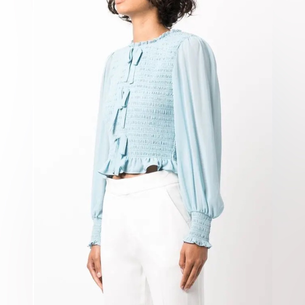 Cinq à Sept Baby Blue Audrina Smocked Blouse Top Balloon Sleeve Bows Size Small